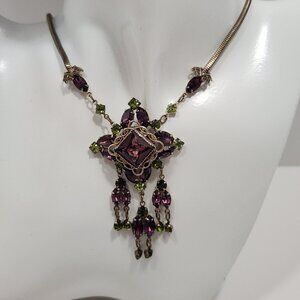 Vintage Victorian Revival "Amethyst And Peridot" Ornate Necklace 15.5 IN.